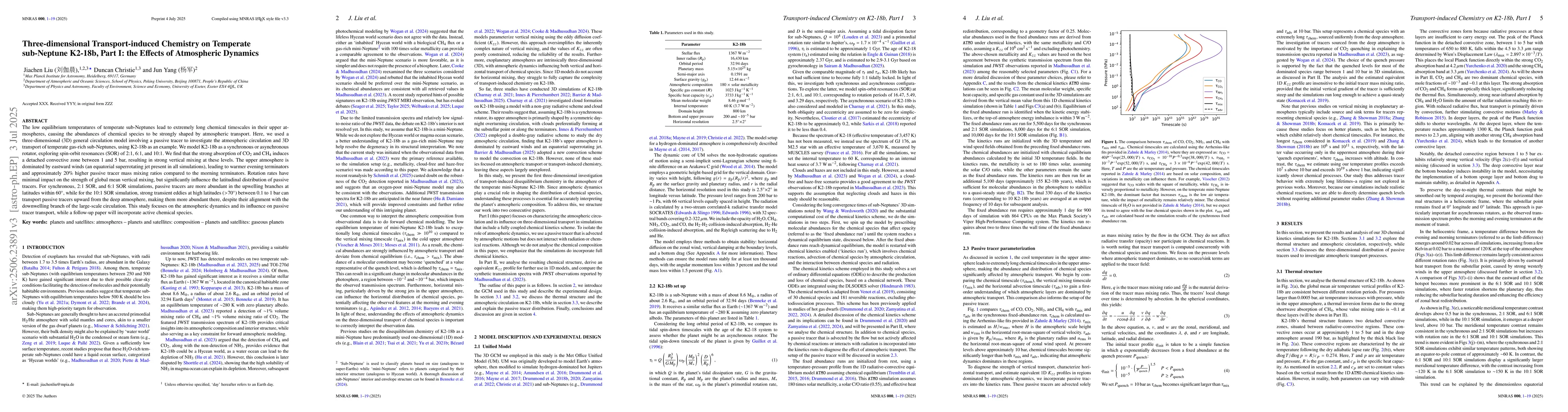 Thumbnail for Three-dimensional Transport-induced Chemistry on Temperate sub-Neptune
  K2-18b, Part I: the Effects of Atmospheric Dynamics