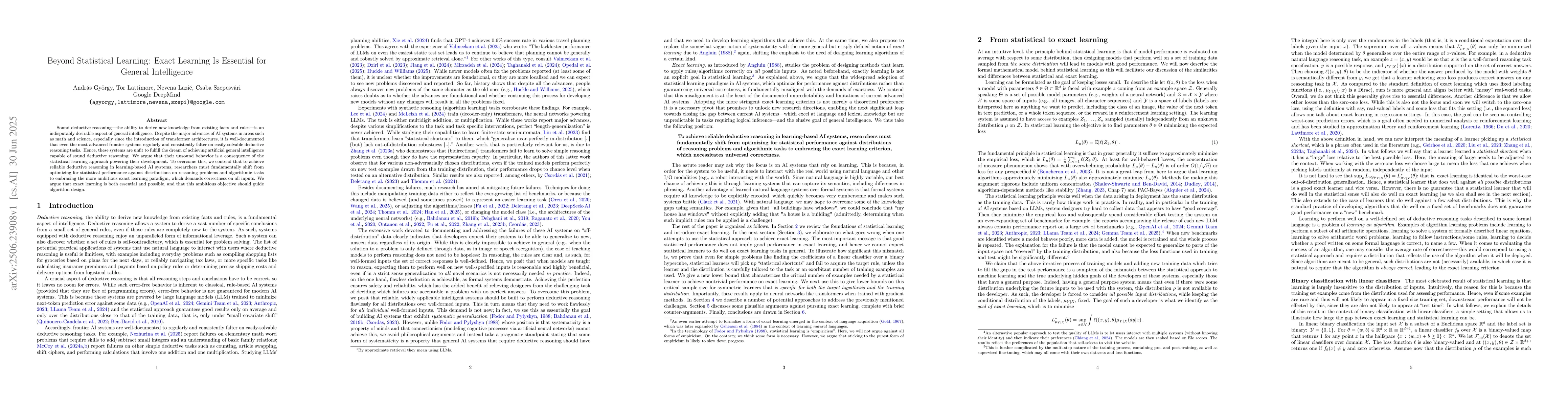 Thumbnail for Beyond Statistical Learning: Exact Learning Is Essential for General
  Intelligence
