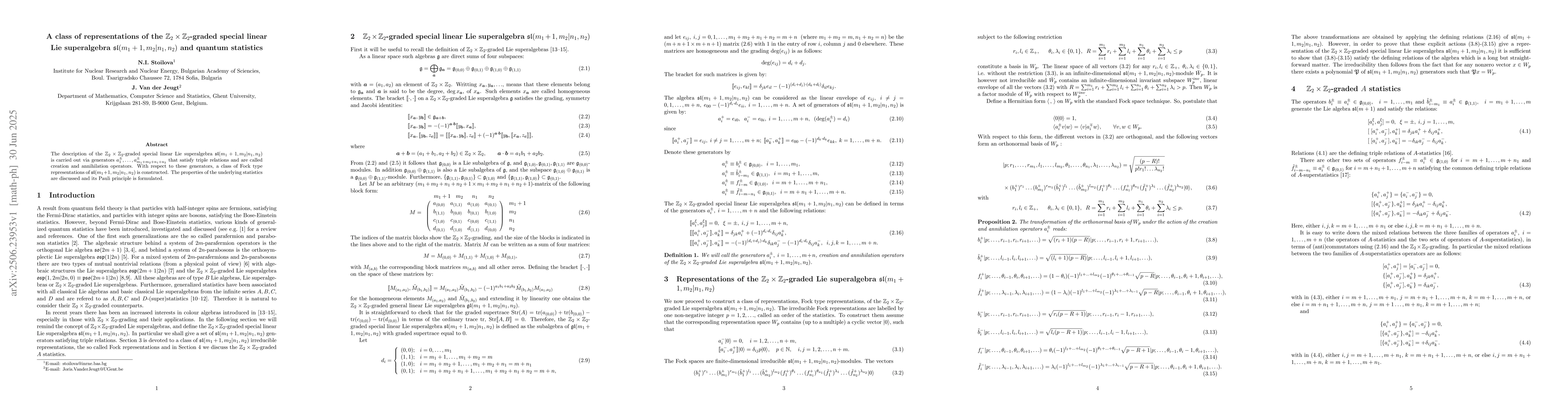 Thumbnail for A class of representations of the
  $\mathbb{Z}_2\times\mathbb{Z}_2$-graded special linear Lie superalgebra
  $\mathfrak{sl}(m_1+1,m_2|n_1,n_2)$ and quantum statistics