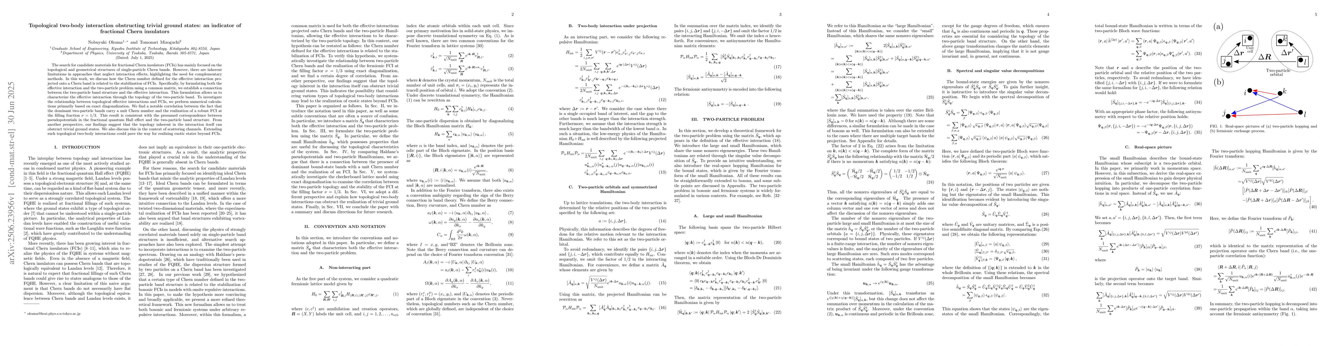 Thumbnail for Topological two-body interaction obstructing trivial ground states: an
  indicator of fractional Chern insulators