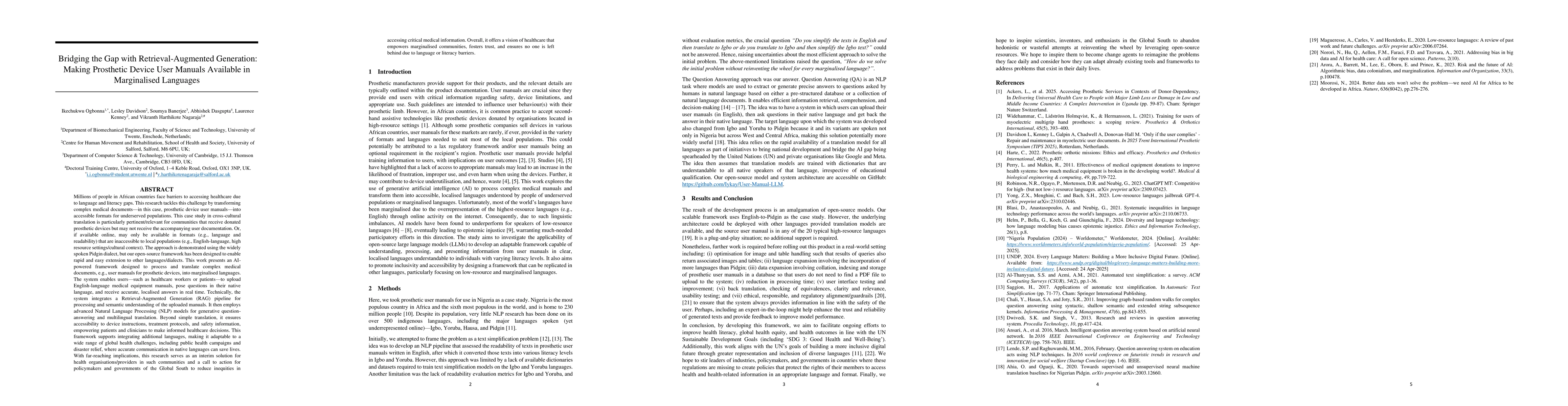 Thumbnail for Bridging the Gap with Retrieval-Augmented Generation: Making Prosthetic
  Device User Manuals Available in Marginalised Languages