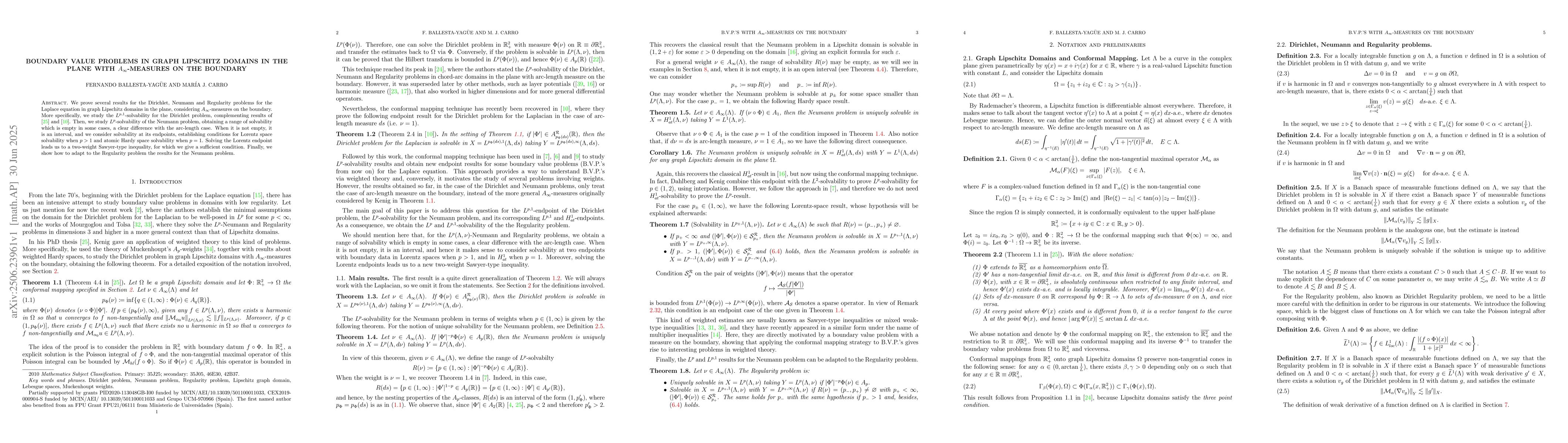 Thumbnail for Boundary Value Problems in graph Lipschitz domains in the plane with
  $A_{\infty}$-measures on the boundary