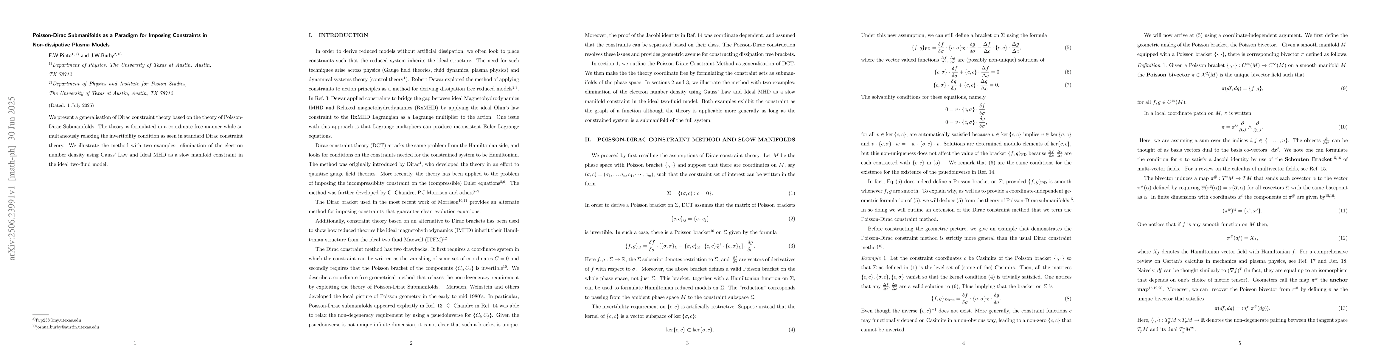 Thumbnail for Poisson-Dirac Submanifolds as a Paradigm for Imposing Constraints in
  Non-dissipative Plasma Models