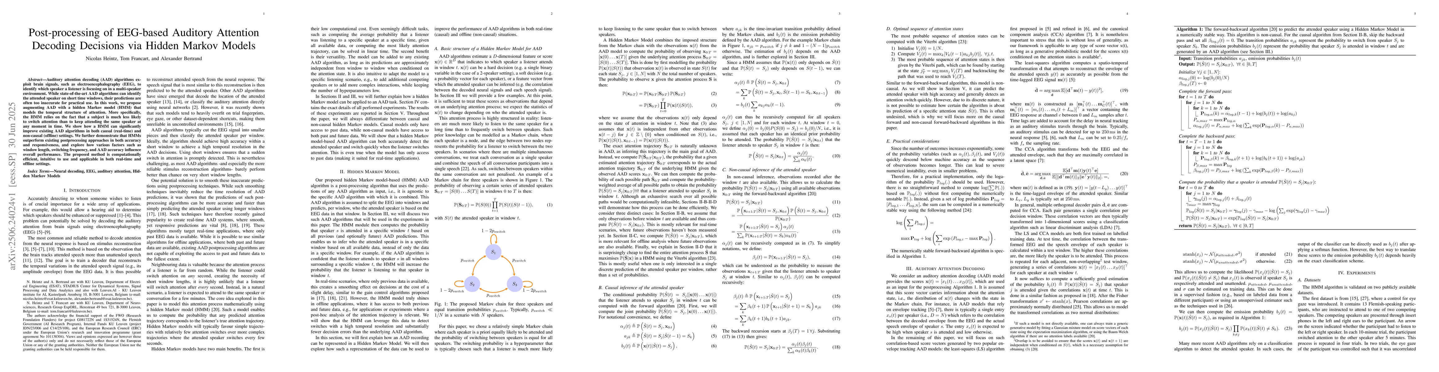 Thumbnail for Post-processing of EEG-based Auditory Attention Decoding Decisions via
  Hidden Markov Models