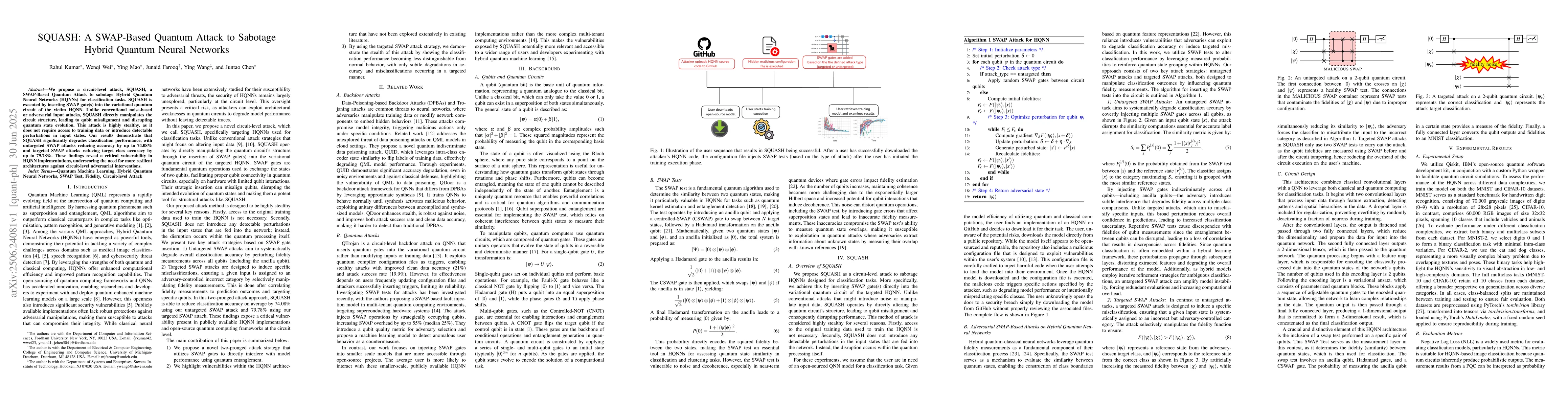 Thumbnail for SQUASH: A SWAP-Based Quantum Attack to Sabotage Hybrid Quantum Neural
  Networks