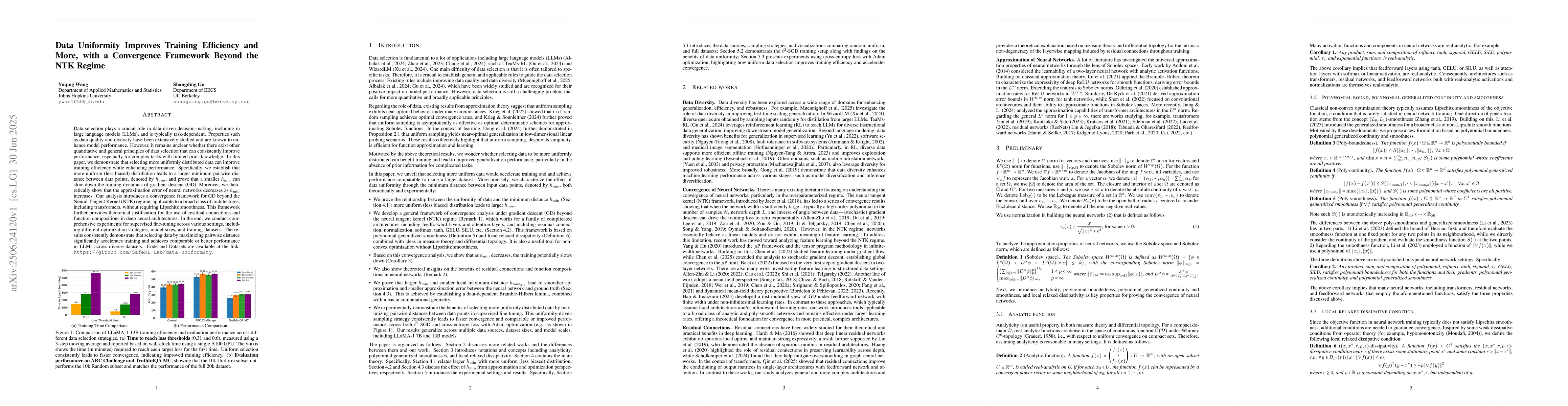 Thumbnail for Data Uniformity Improves Training Efficiency and More, with a
  Convergence Framework Beyond the NTK Regime