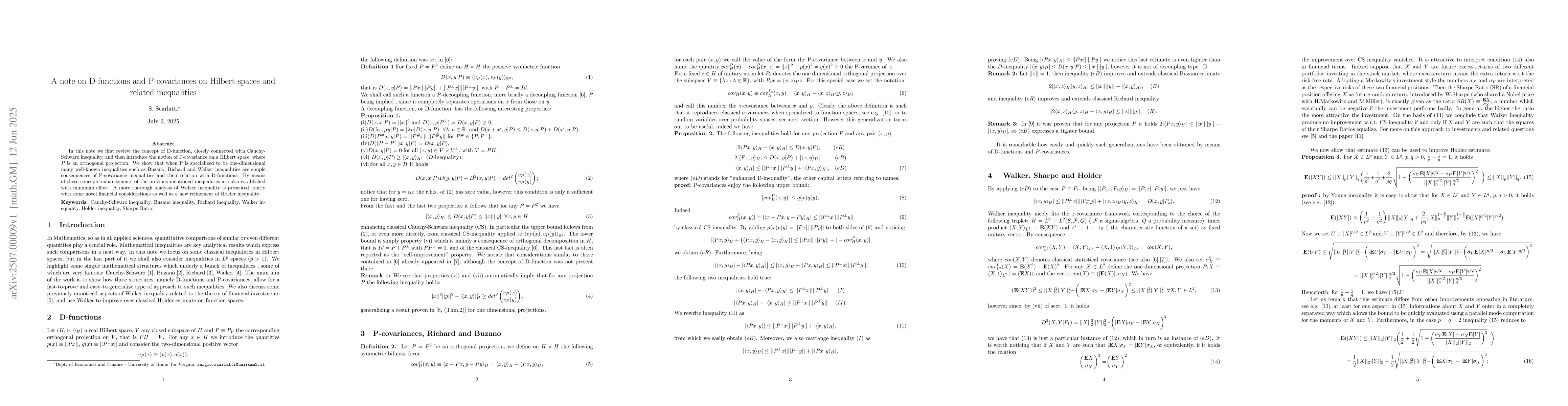 Thumbnail for A note on D-functions and P-covariances on Hilbert spaces and related
  inequalities