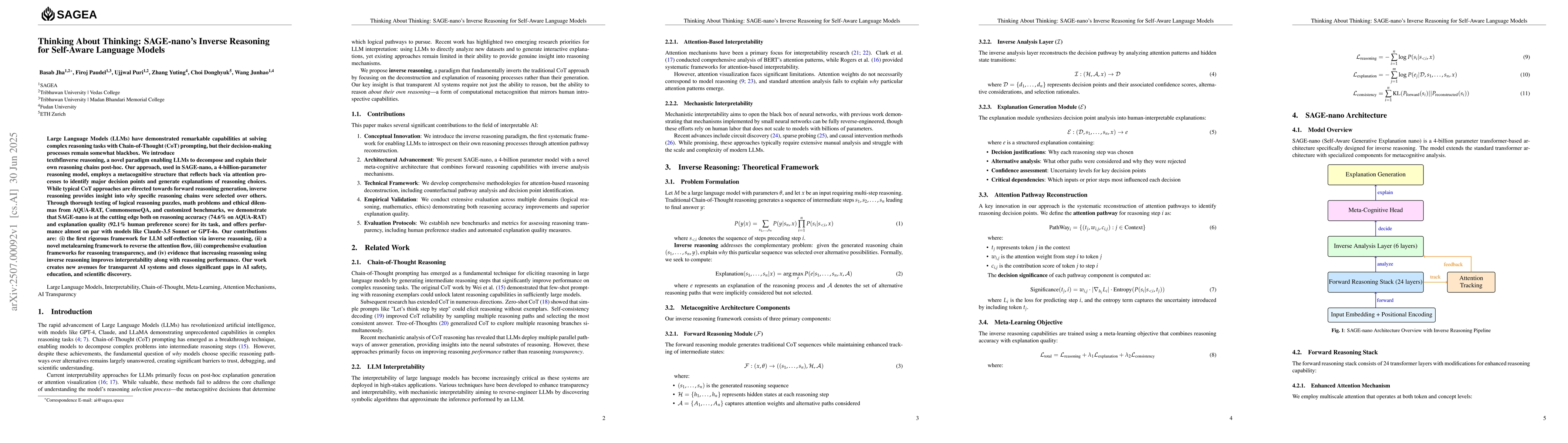 Thumbnail for Thinking About Thinking: SAGE-nano's Inverse Reasoning for Self-Aware
  Language Models