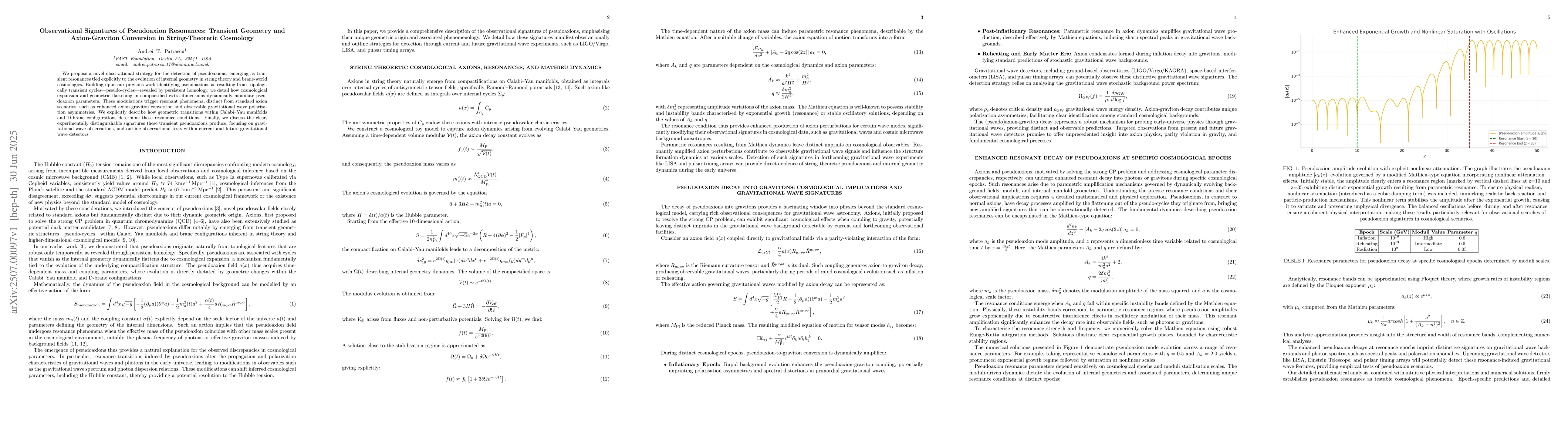 Thumbnail for Observational Signatures of Pseudoaxion Resonances: Transient Geometry
  and Axion-Graviton Conversion in String-Theoretic Cosmology