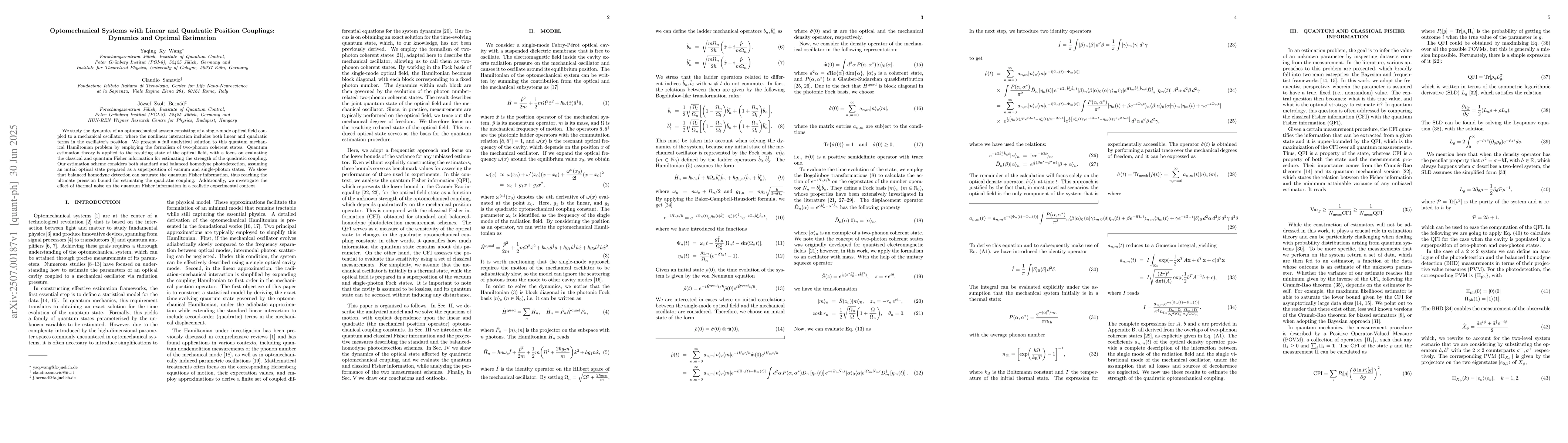 Thumbnail for Optomechanical Systems with Linear and Quadratic Position Couplings:
  Dynamics and Optimal Estimation