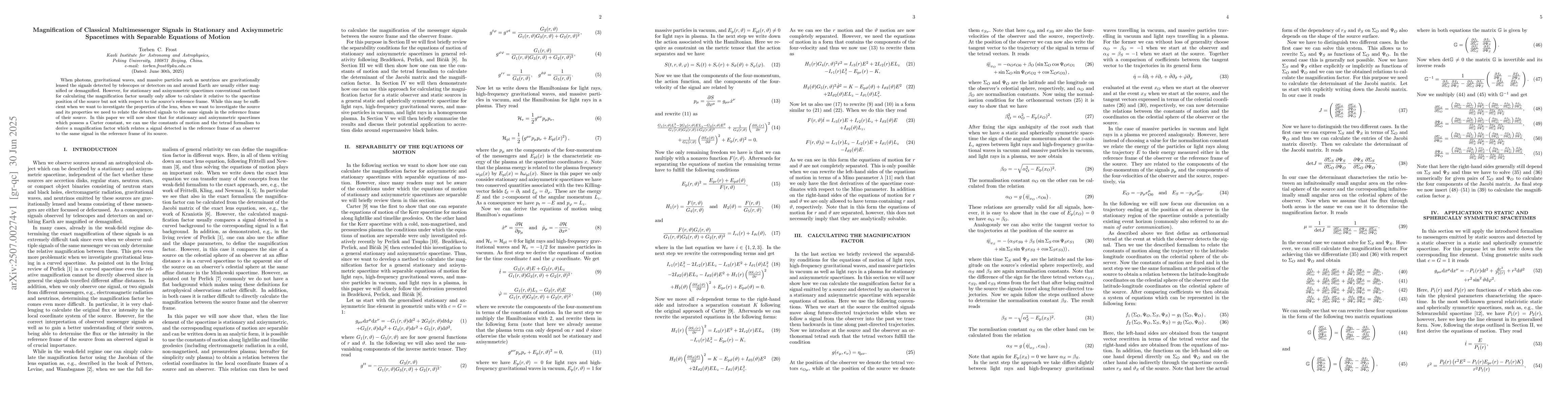 Thumbnail for Magnification of Classical Multimessenger Signals in Stationary and
  Axisymmetric Spacetimes with Separable Equations of Motion