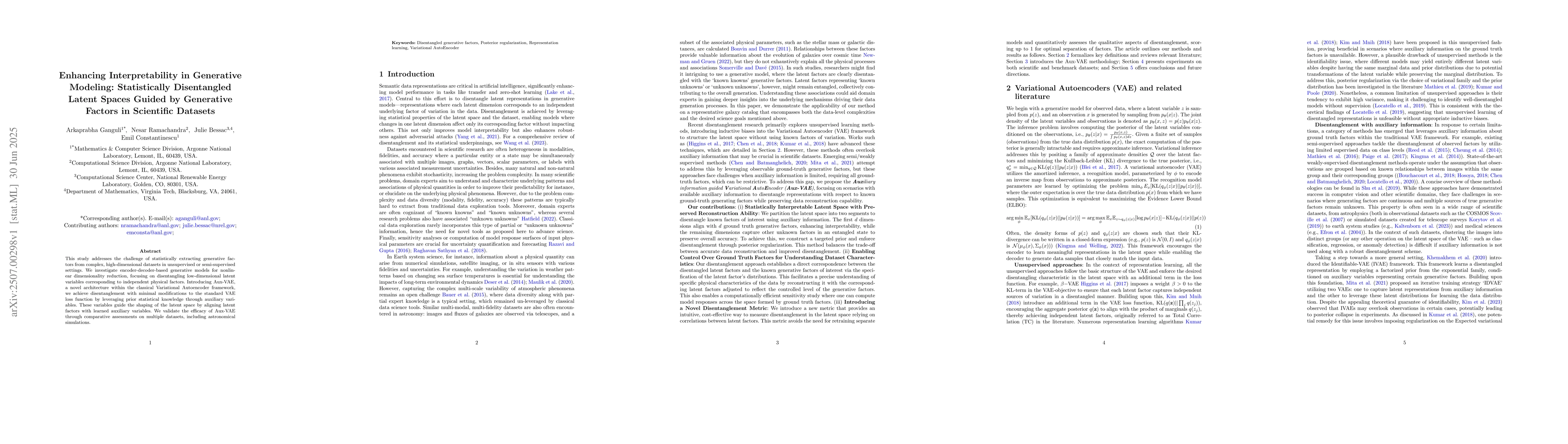 Thumbnail for Enhancing Interpretability in Generative Modeling: Statistically
  Disentangled Latent Spaces Guided by Generative Factors in Scientific
  Datasets