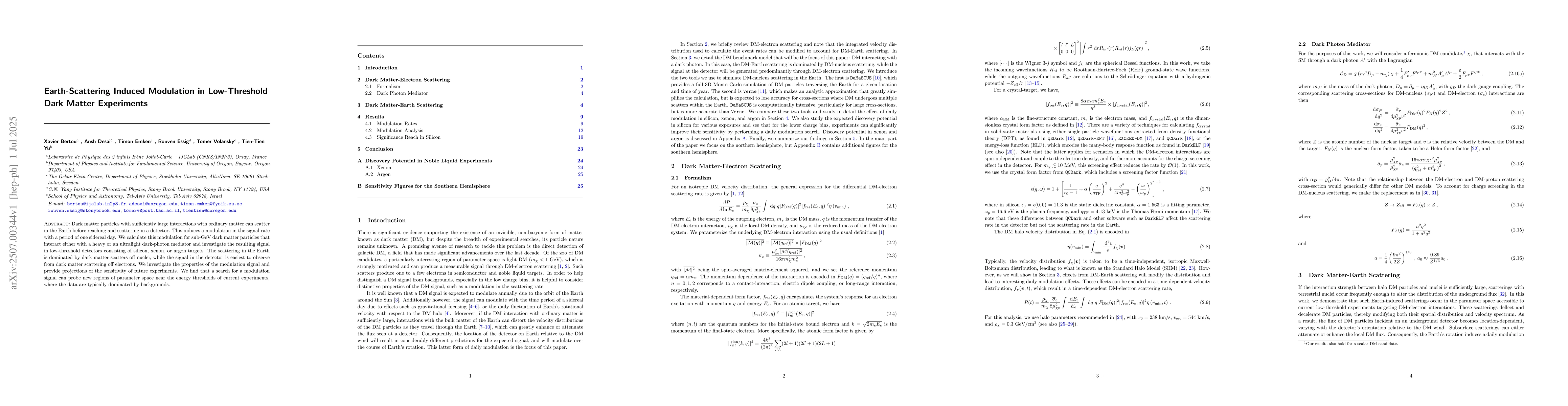 Thumbnail for Earth-Scattering Induced Modulation in Low-Threshold Dark Matter
  Experiments