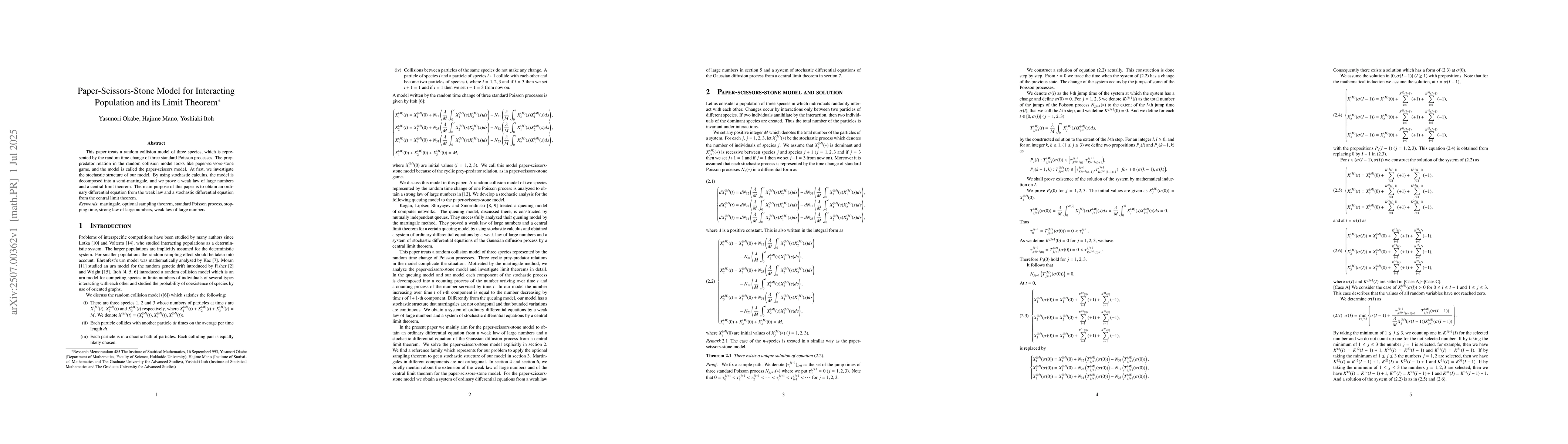Thumbnail for Paper-Scissors-Stone Model for Interacting Population and its Limit
  Theorem