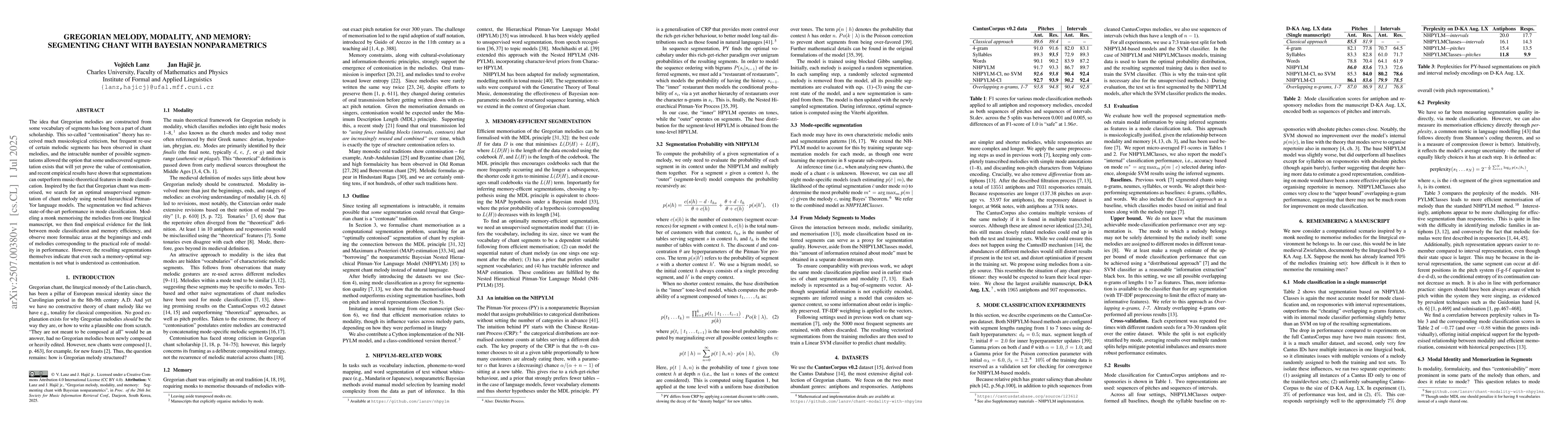 Thumbnail for Gregorian melody, modality, and memory: Segmenting chant with Bayesian
  nonparametrics