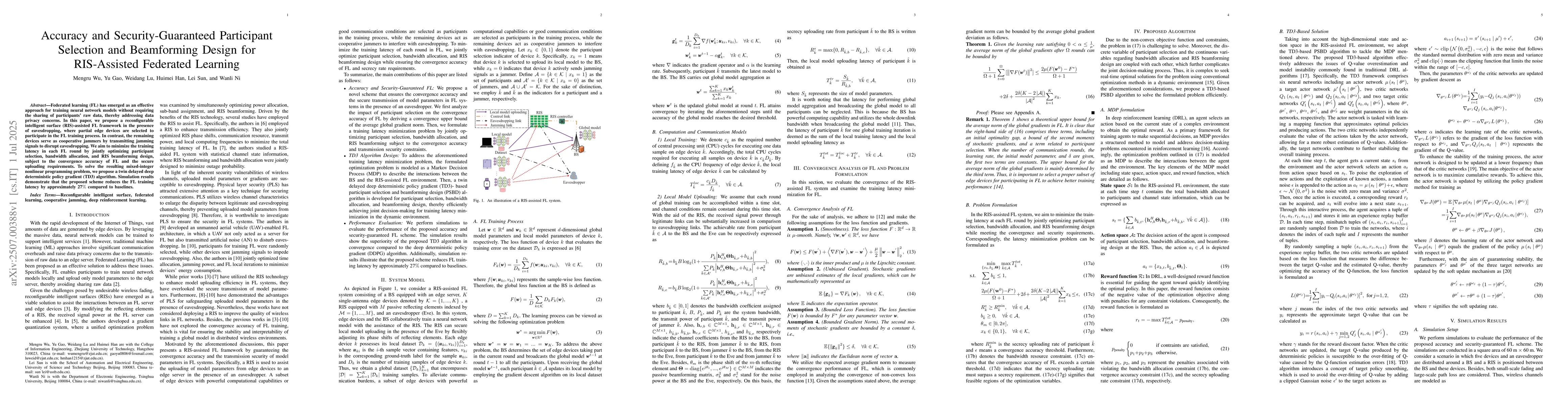 Thumbnail for Accuracy and Security-Guaranteed Participant Selection and Beamforming
  Design for RIS-Assisted Federated Learning
