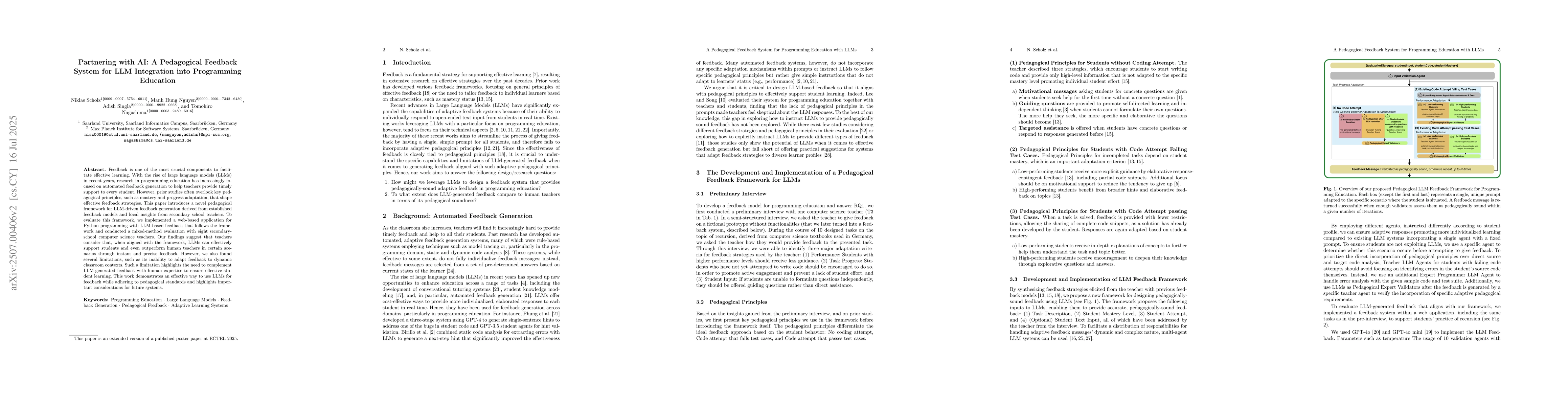 Thumbnail for Partnering with AI: A Pedagogical Feedback System for LLM Integration
  into Programming Education