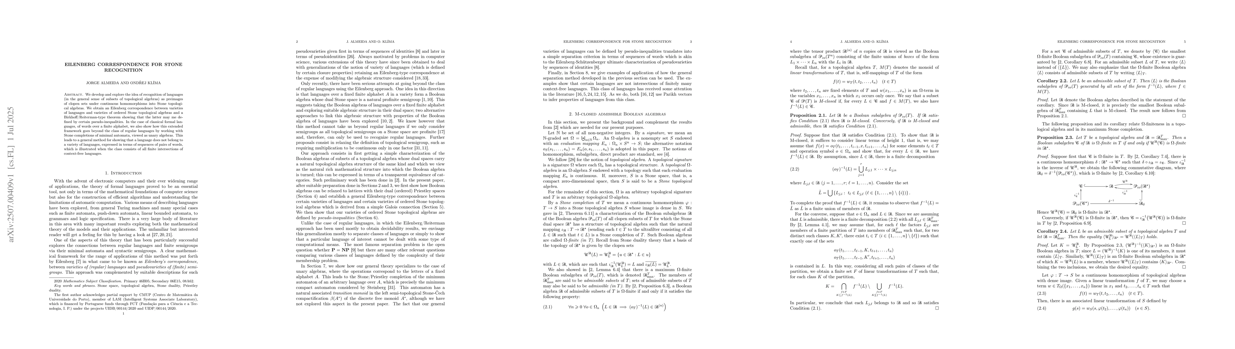 Thumbnail for Eilenberg correspondence for Stone recognition