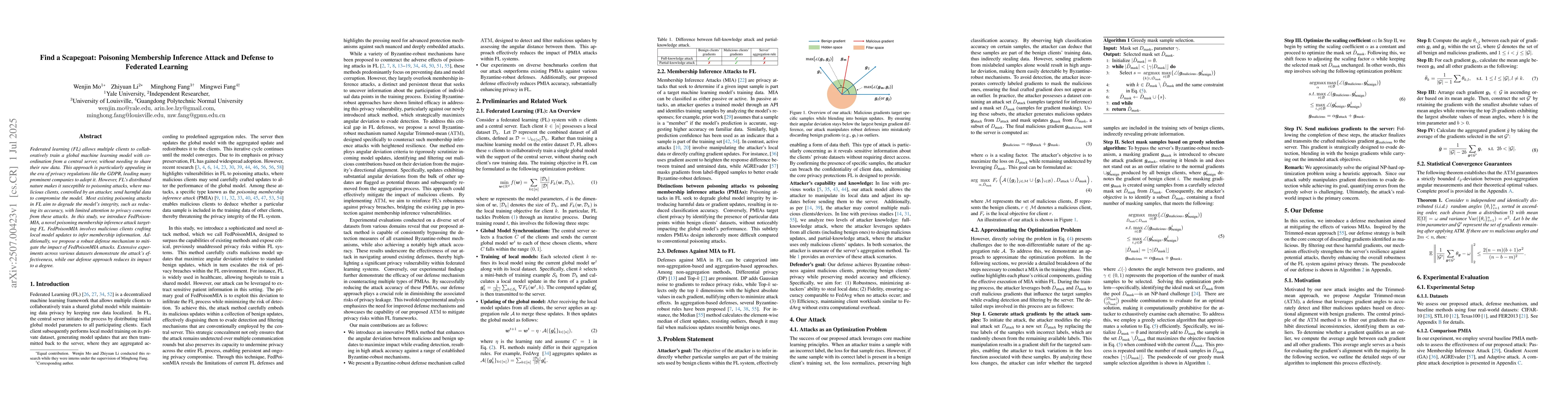 Thumbnail for Find a Scapegoat: Poisoning Membership Inference Attack and Defense to
  Federated Learning