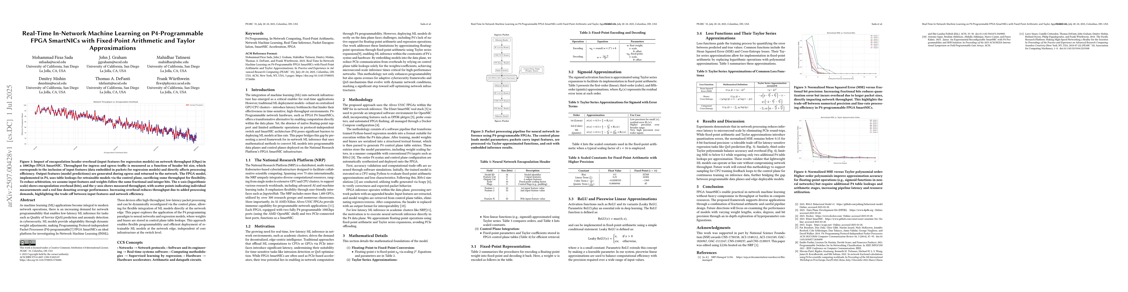 Thumbnail for Real-Time In-Network Machine Learning on P4-Programmable FPGA SmartNICs
  with Fixed-Point Arithmetic and Taylor