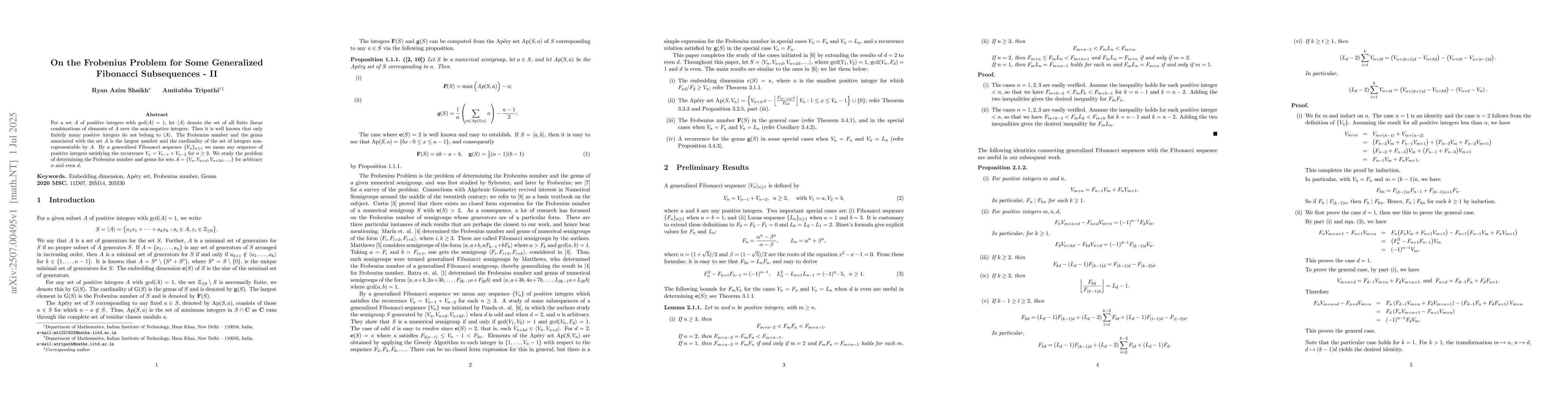 Thumbnail for On the Frobenius Problem for Some Generalized Fibonacci Subsequences --
  II