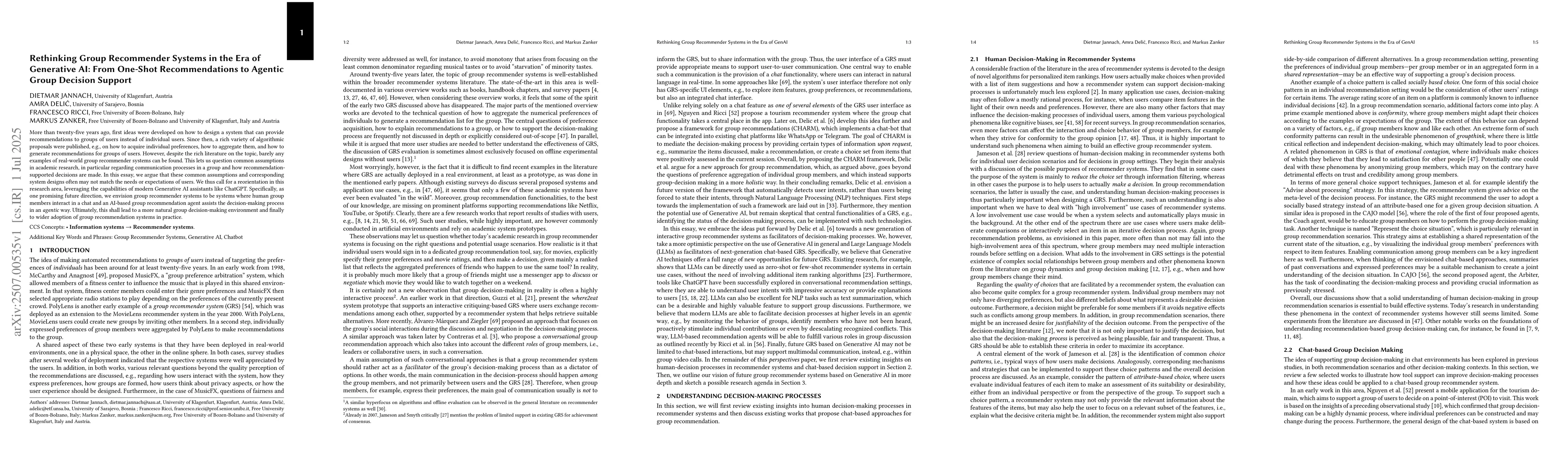 Thumbnail for Rethinking Group Recommender Systems in the Era of Generative AI: From
  One-Shot Recommendations to Agentic Group Decision Support
