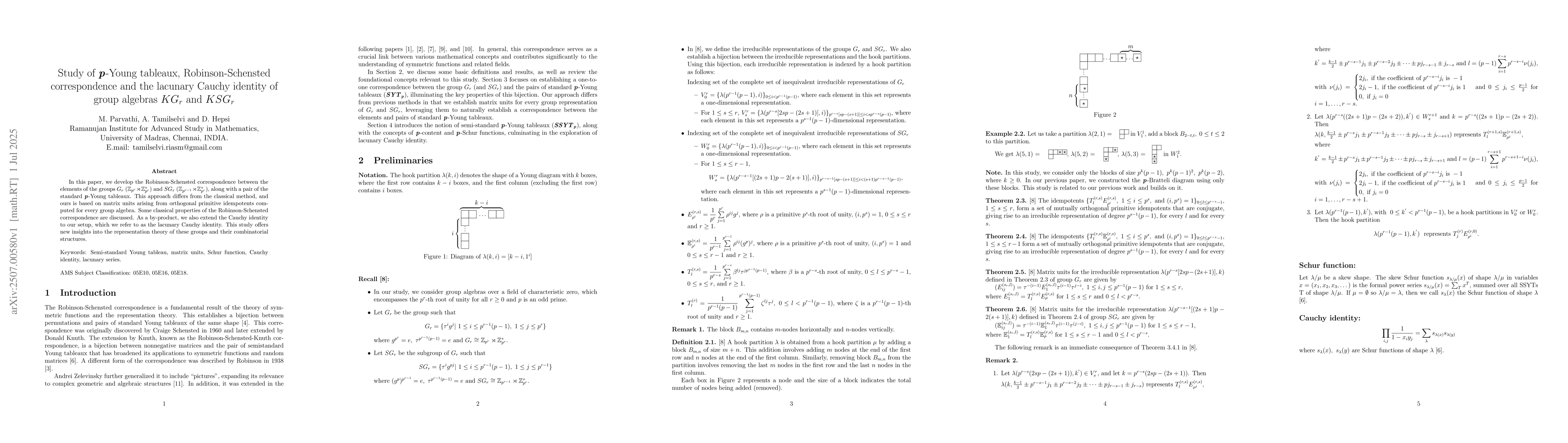 Thumbnail for Study of $p$-Young tableaux, Robinson-Schensted correspondence and the
  lacunary Cauchy identity of group algebras $KG_{r}$ and $KSG_{r}$