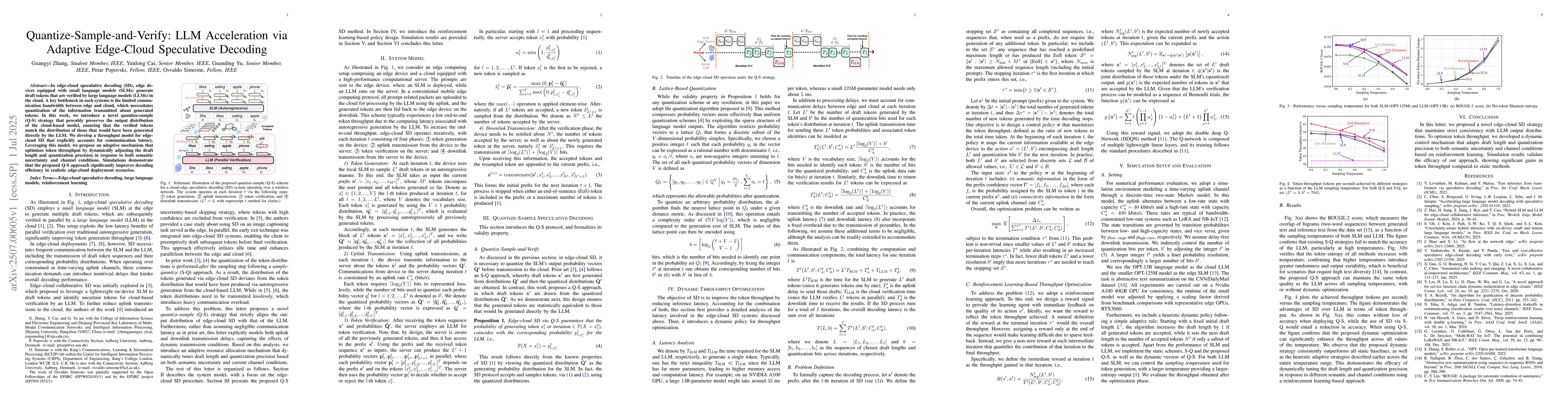 Thumbnail for Quantize-Sample-and-Verify: LLM Acceleration via Adaptive Edge-Cloud
  Speculative Decoding