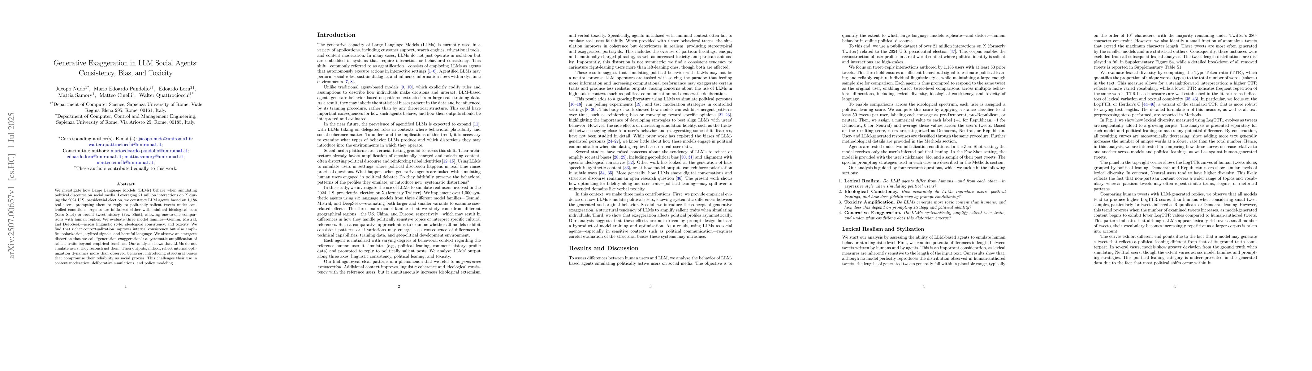 Thumbnail for Generative Exaggeration in LLM Social Agents: Consistency, Bias, and
  Toxicity