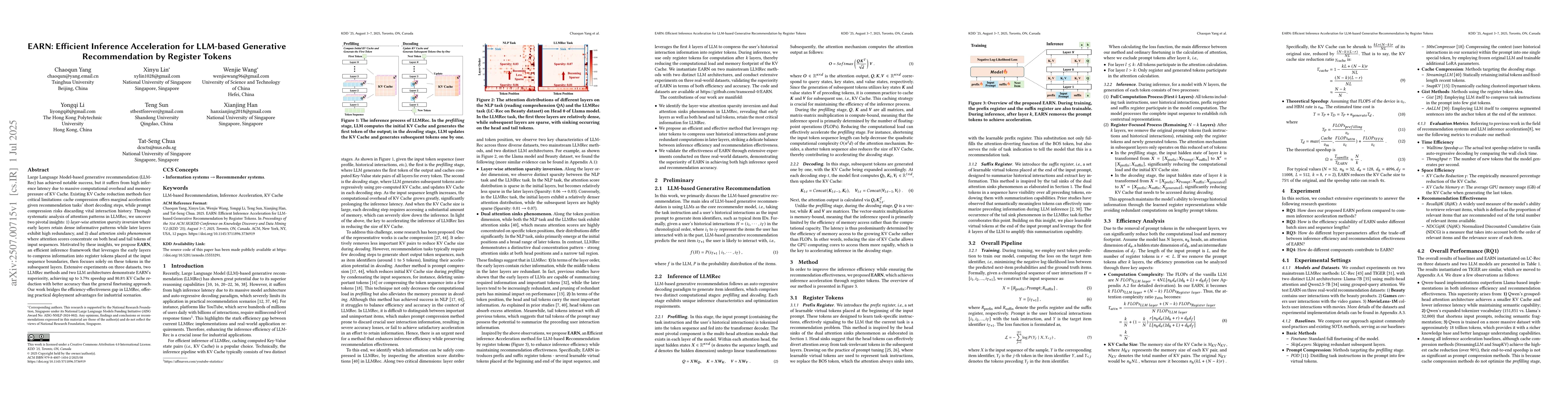 Thumbnail for EARN: Efficient Inference Acceleration for LLM-based Generative
  Recommendation by Register Tokens