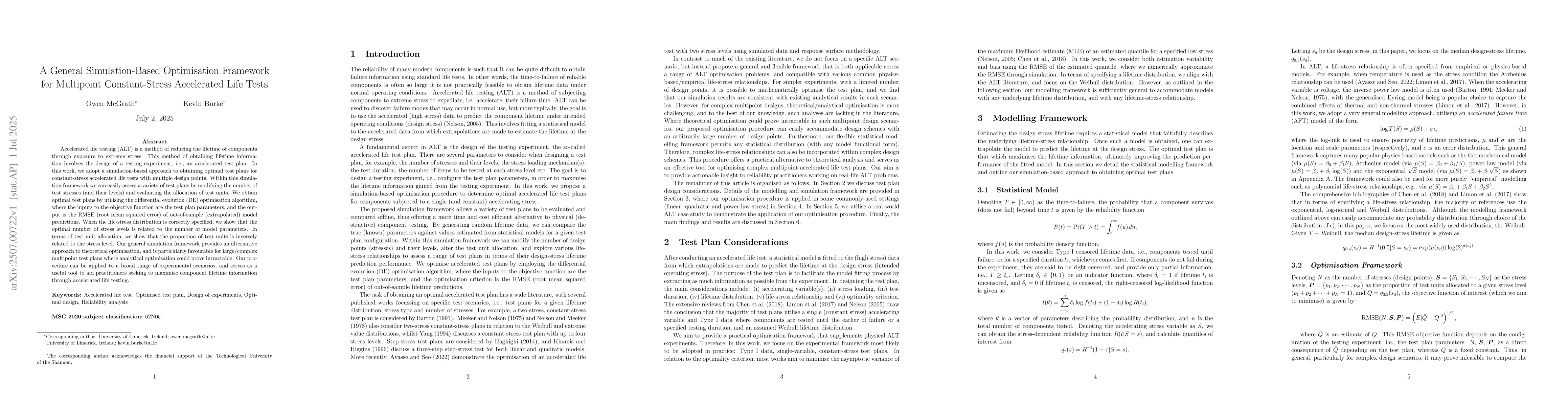 Thumbnail for A General Simulation-Based Optimisation Framework for Multipoint
  Constant-Stress Accelerated Life Tests