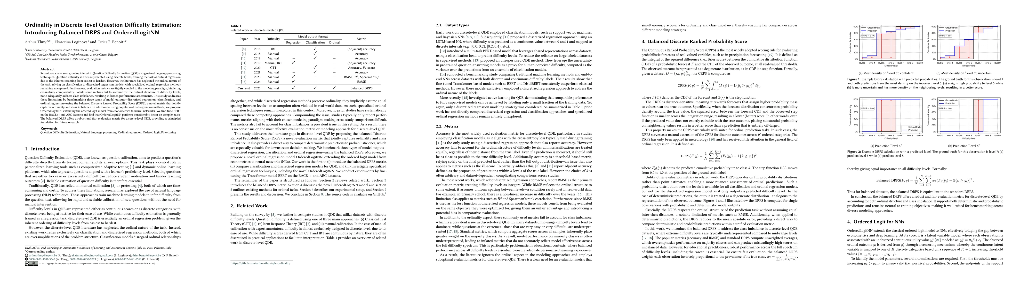Thumbnail for Ordinality in Discrete-level Question Difficulty Estimation: Introducing
  Balanced DRPS and OrderedLogitNN