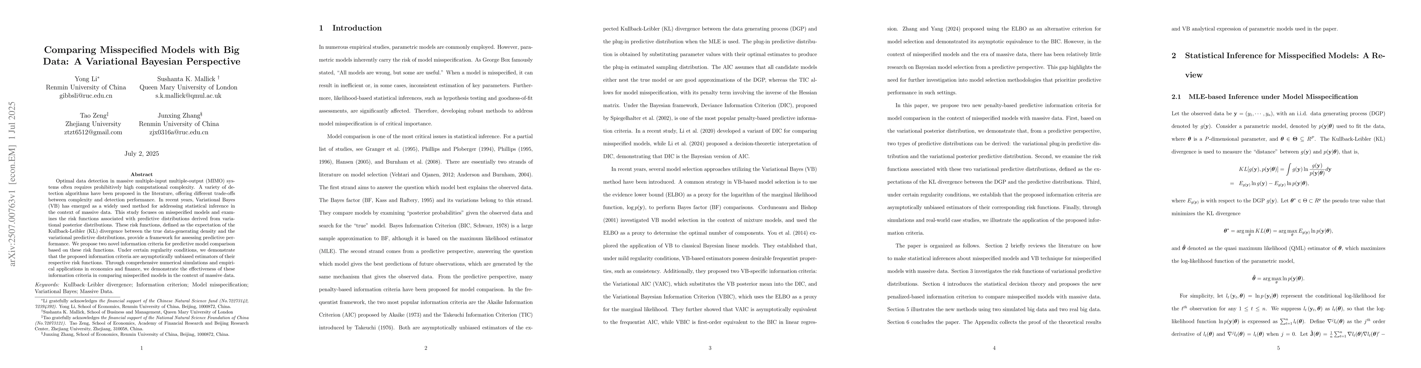 Thumbnail for Comparing Misspecified Models with Big Data: A Variational Bayesian
  Perspective