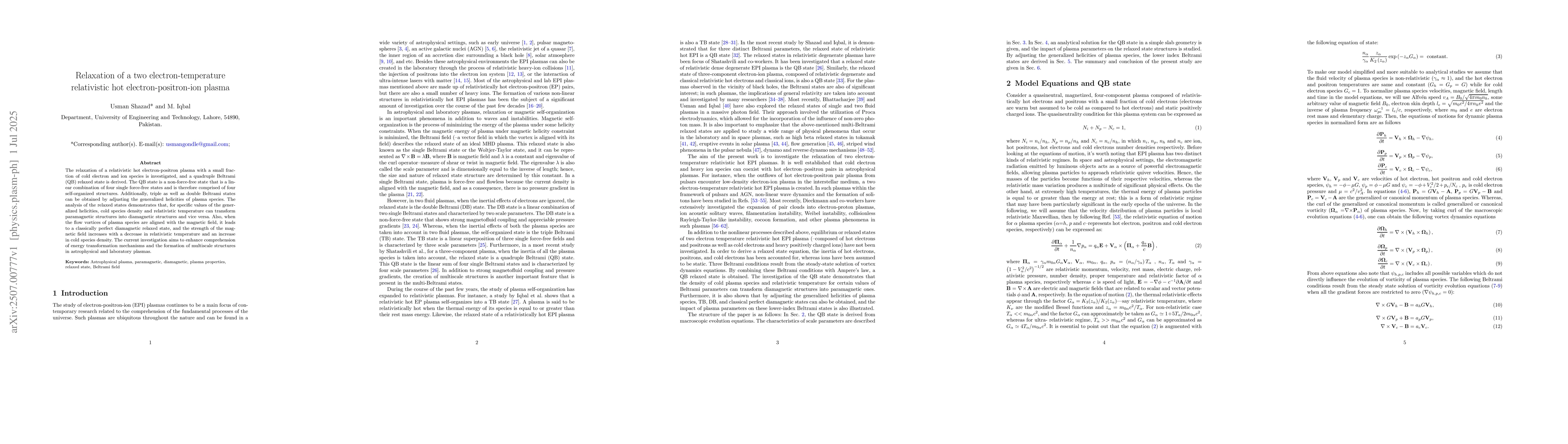 Thumbnail for Relaxation of a Two Electron-Temperature Relativistic Hot
  Electron-Positron-Ion Plasma