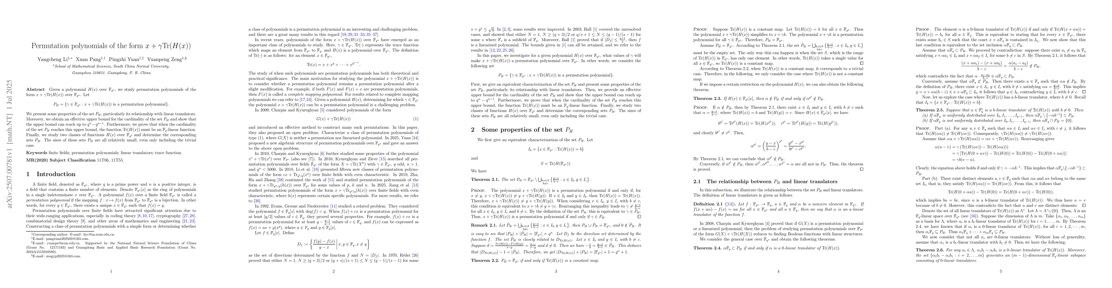 Thumbnail for Permutation polynomials of the form $x+γ\mathrm{Tr}(H(x))$