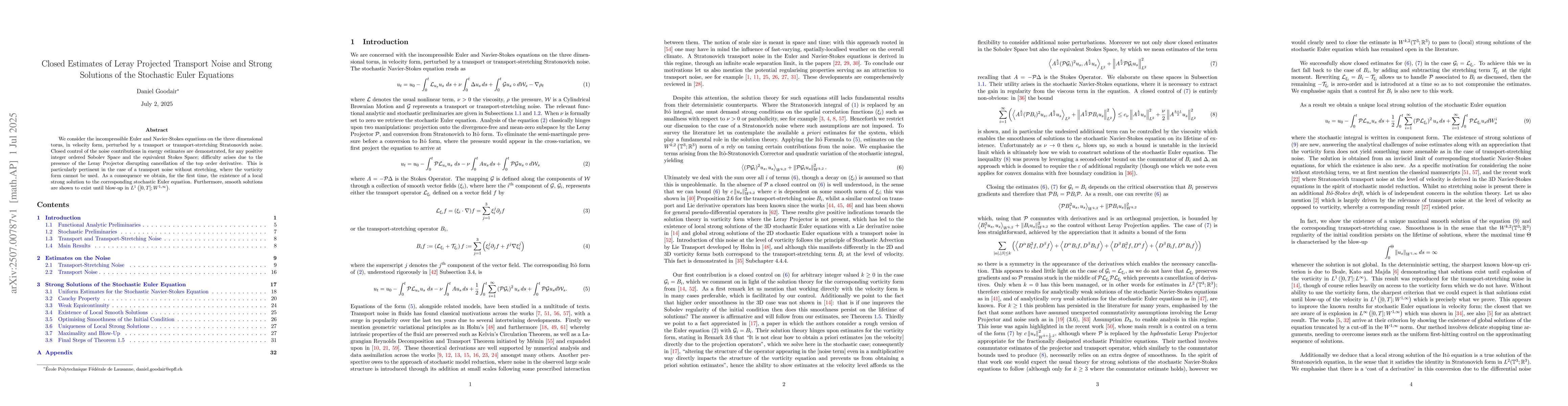Thumbnail for Closed Estimates of Leray Projected Transport Noise and Strong Solutions
  of the Stochastic Euler Equations