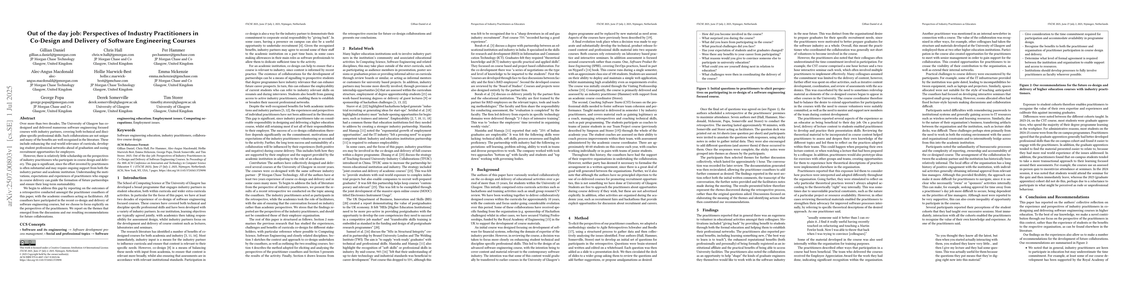 Thumbnail for Out of the Day Job: Perspectives of Industry Practitioners in Co-Design
  and Delivery of Software Engineering Courses
