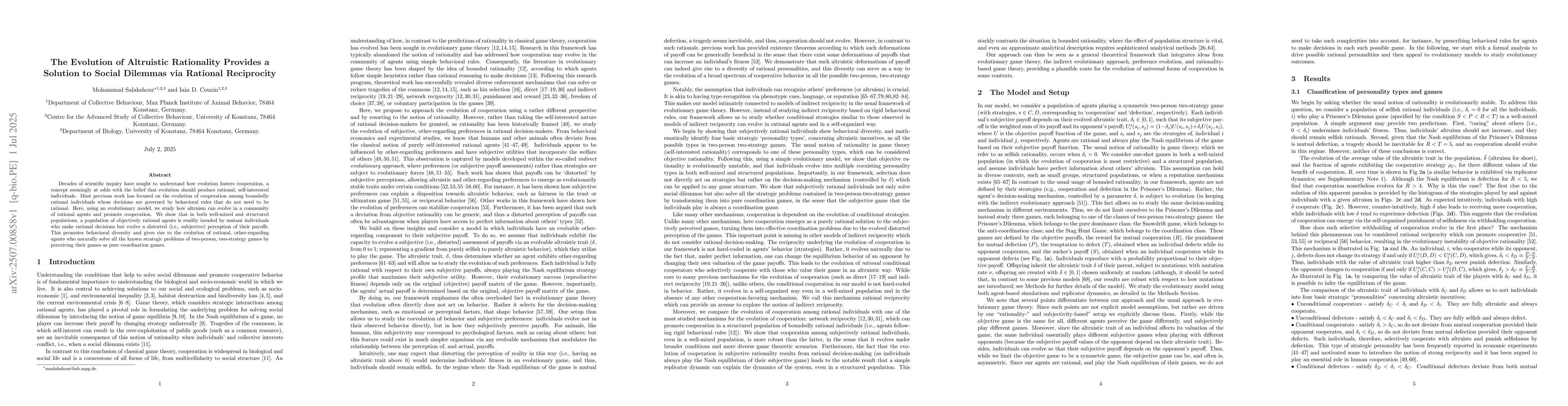 Thumbnail for The Evolution of Altruistic Rationality Provides a Solution to Social
  Dilemmas via Rational Reciprocity