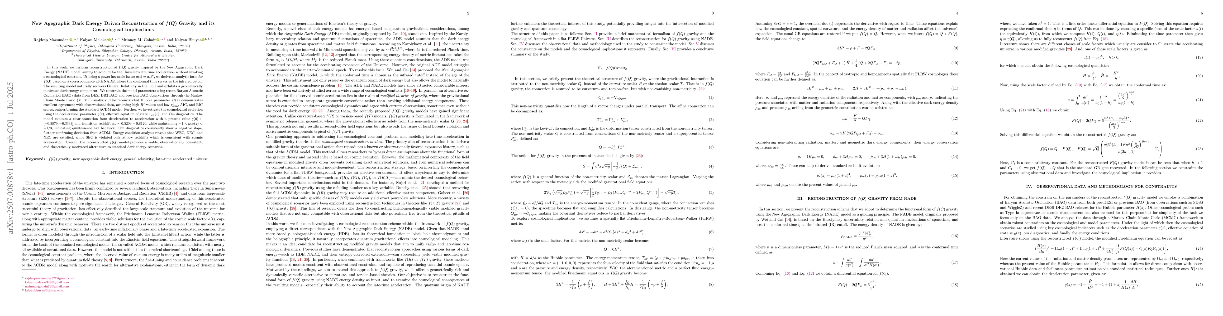 Thumbnail for New Agegraphic Dark Energy Driven Reconstruction of \boldmath{$f(Q)$}
  Gravity and its Cosmological Implications