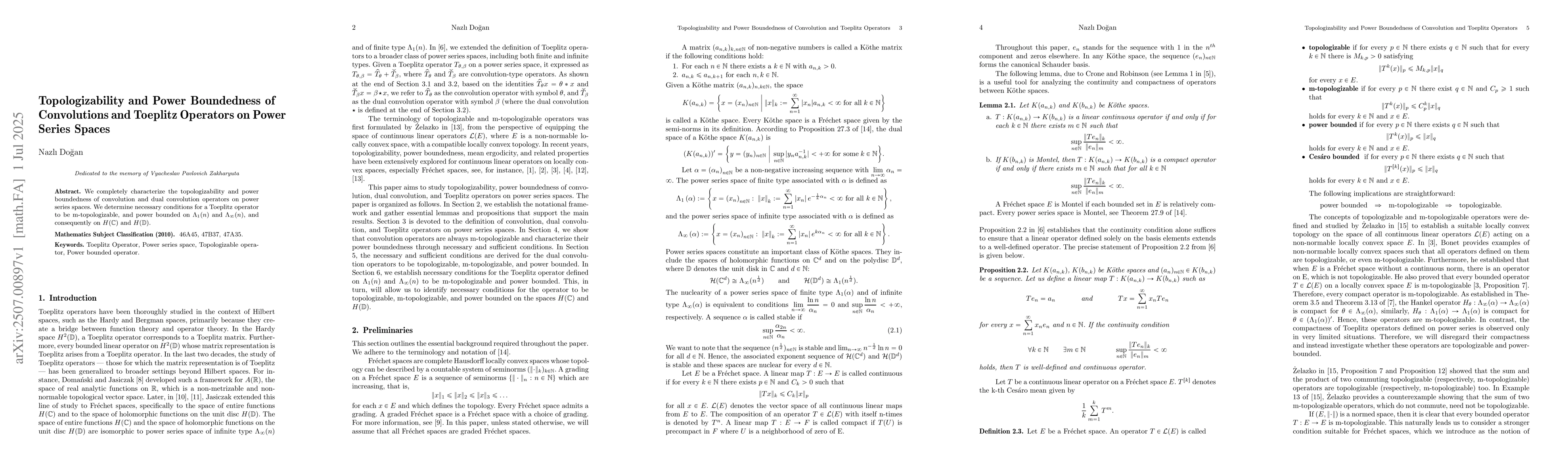 Thumbnail for Topologizability and Power Boundedness of Convolutions and Toeplitz
  Operators on Power Series Spaces