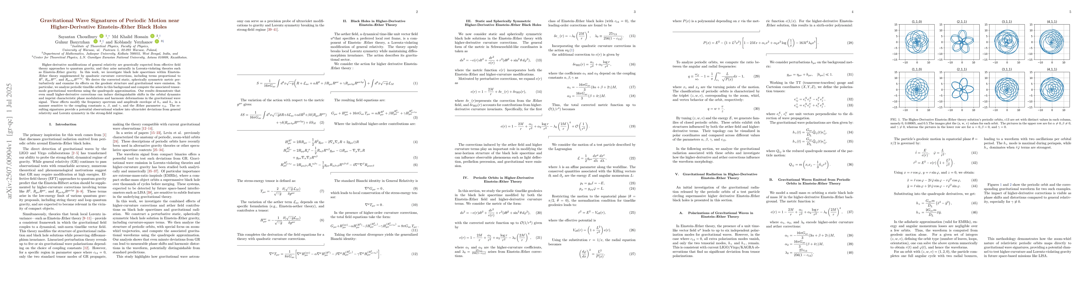 Thumbnail for Gravitational Wave Signatures of Periodic Motion near Higher-Derivative
  Einstein-Æther Black Holes