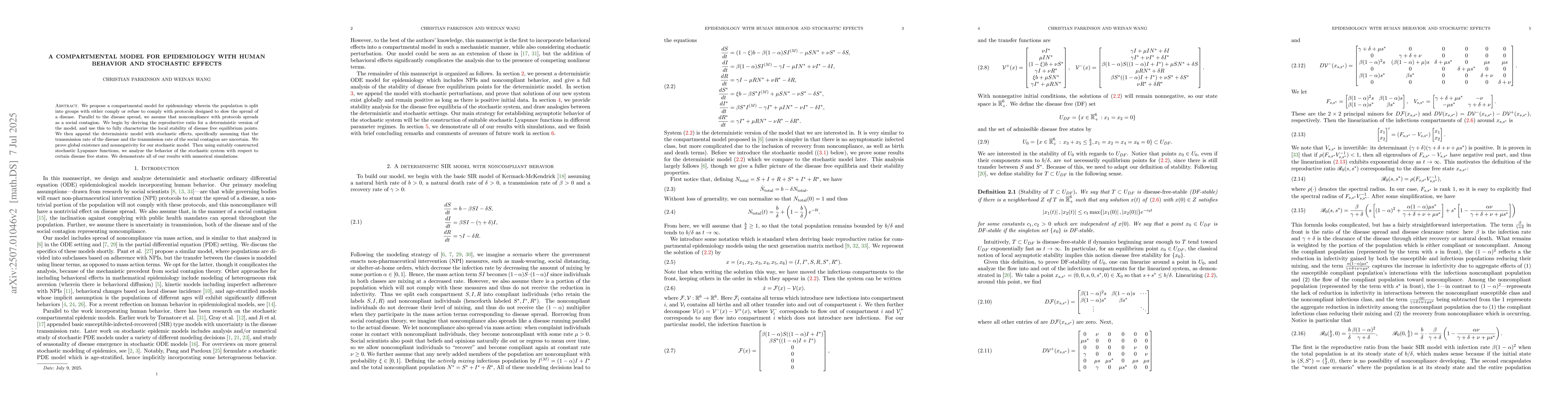 Thumbnail for A Compartmental Model for Epidemiology with Human Behavior and
  Stochastic Effects