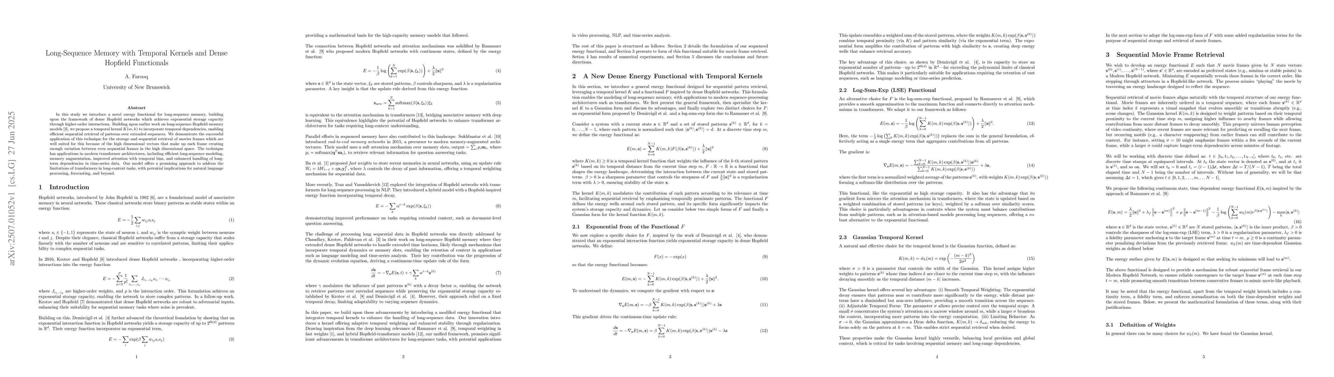 Thumbnail for Long-Sequence Memory with Temporal Kernels and Dense Hopfield
  Functionals