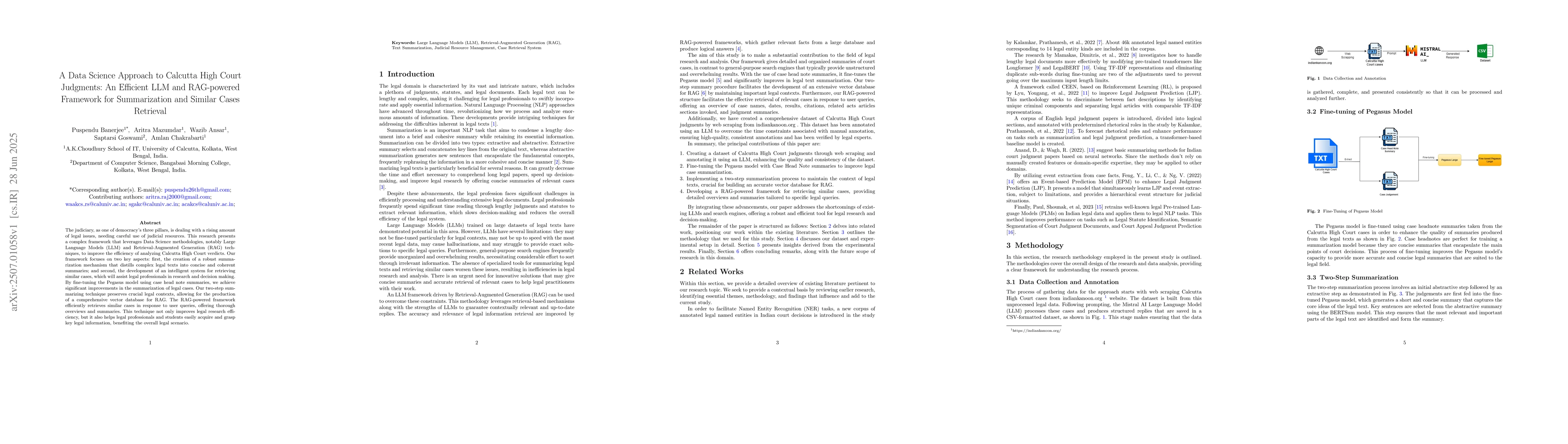 Thumbnail for A Data Science Approach to Calcutta High Court Judgments: An Efficient
  LLM and RAG-powered Framework for Summarization and Similar Cases Retrieval