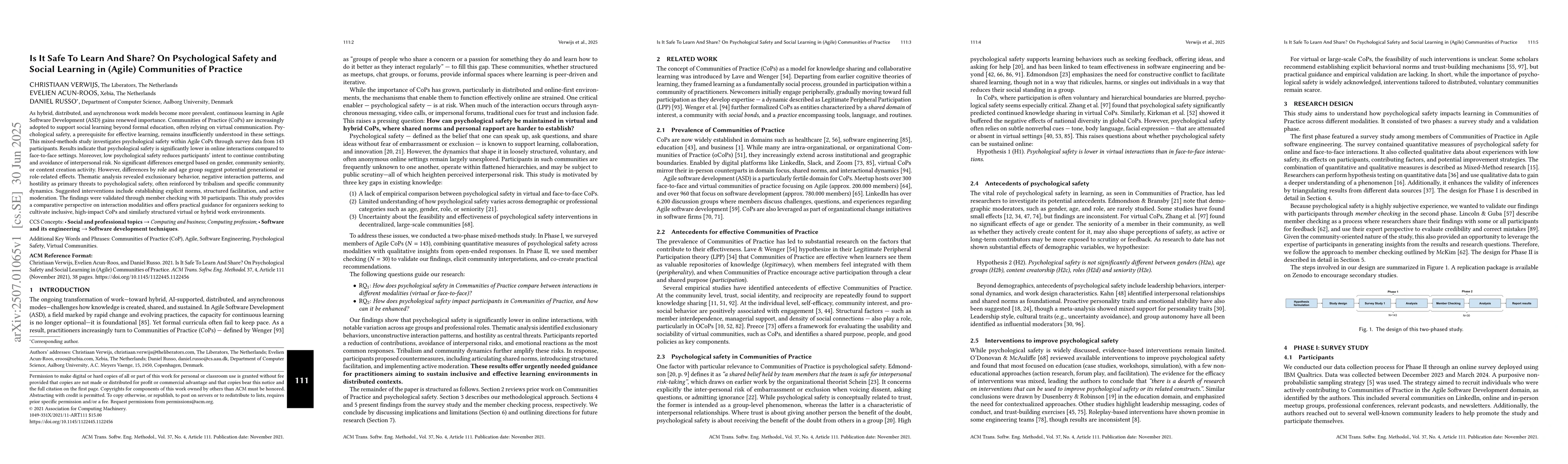 Thumbnail for Is It Safe To Learn And Share? On Psychological Safety and Social
  Learning in (Agile) Communities of Practice