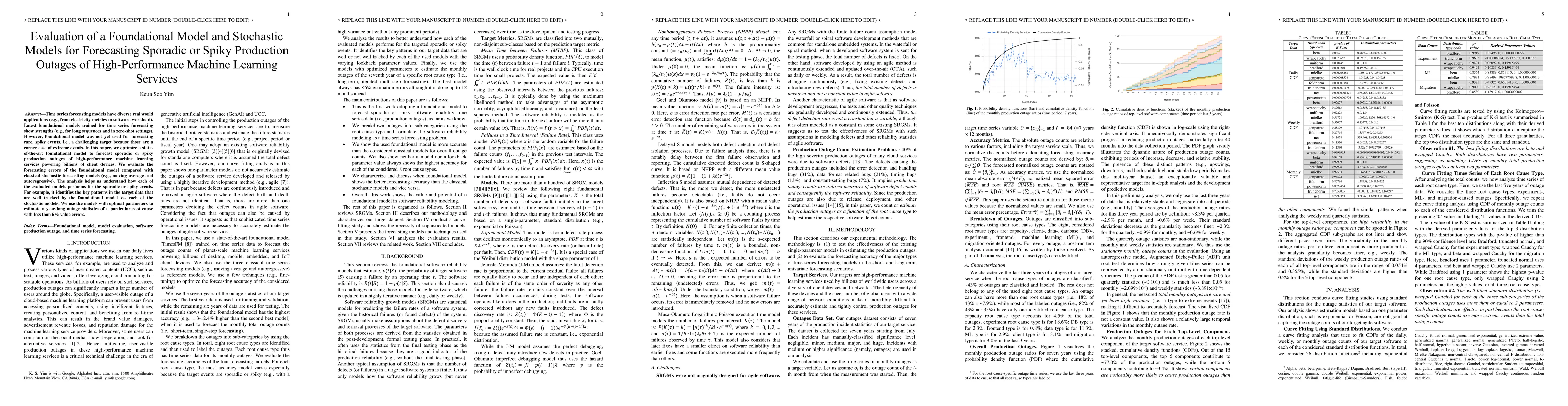 Thumbnail for Evaluation of a Foundational Model and Stochastic Models for Forecasting
  Sporadic or Spiky Production Outages of High-Performance Machine Learning
  Services