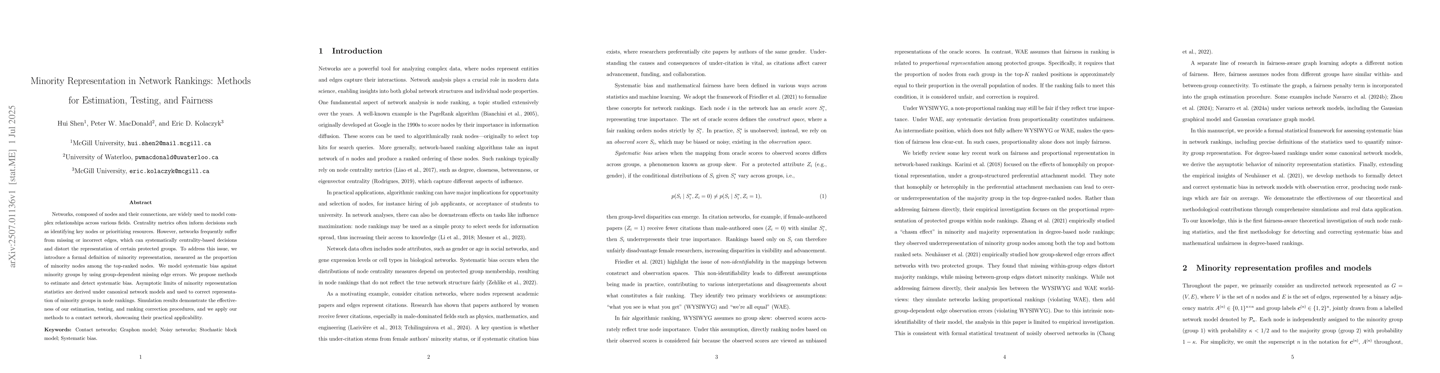 Thumbnail for Minority Representation in Network Rankings: Methods for Estimation,
  Testing, and Fairness