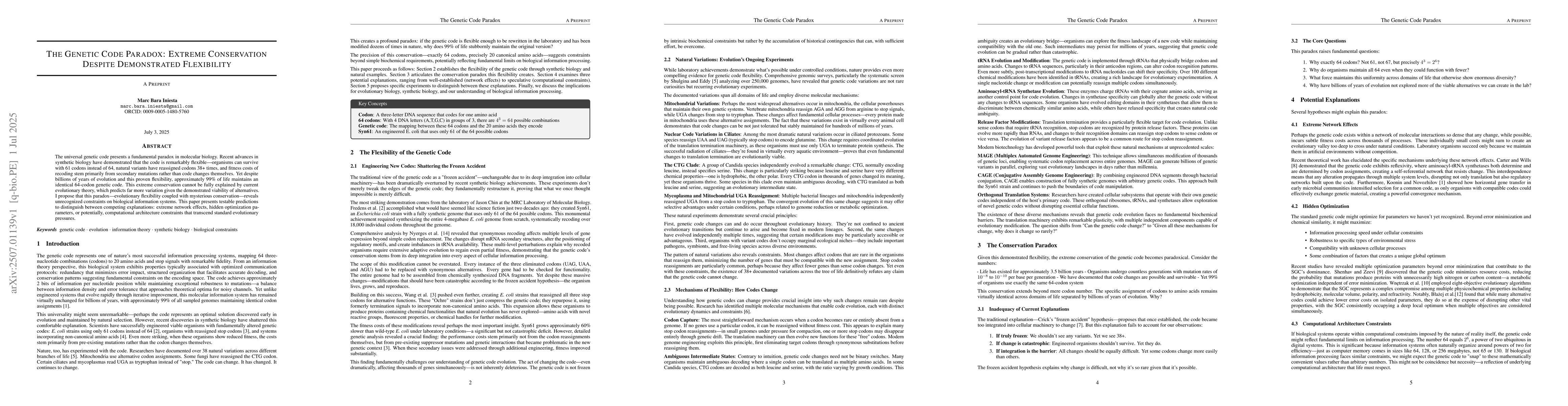 Thumbnail for The Genetic Code Paradox: Extreme Conservation Despite Demonstrated
  Flexibility