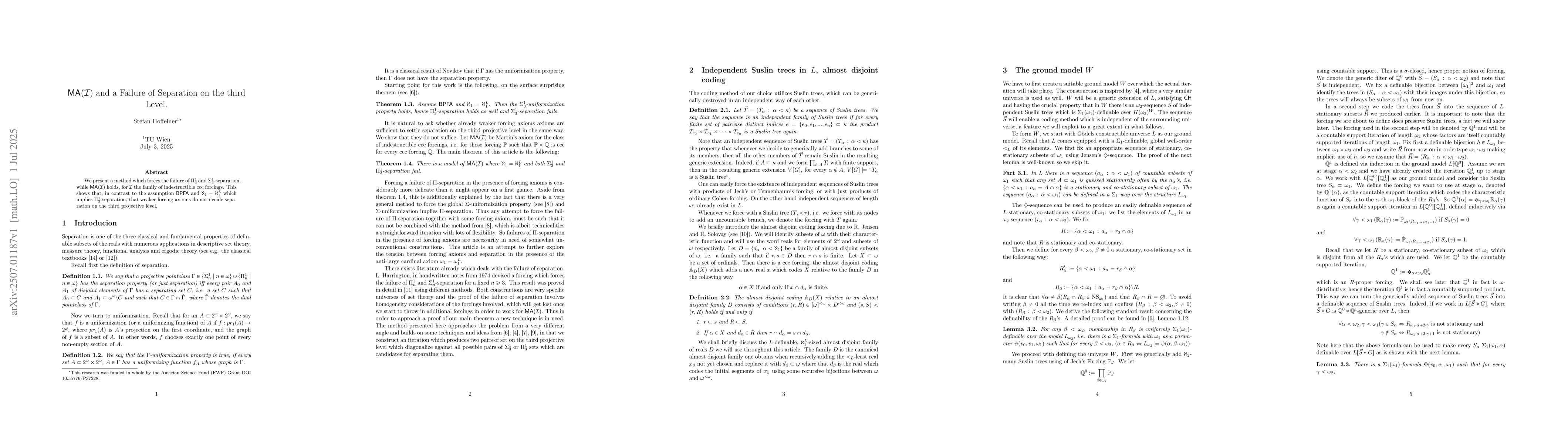 Thumbnail for $\mathsf{MA} (\mathcal{I}$) and a Failure of Separation on the third
  Level