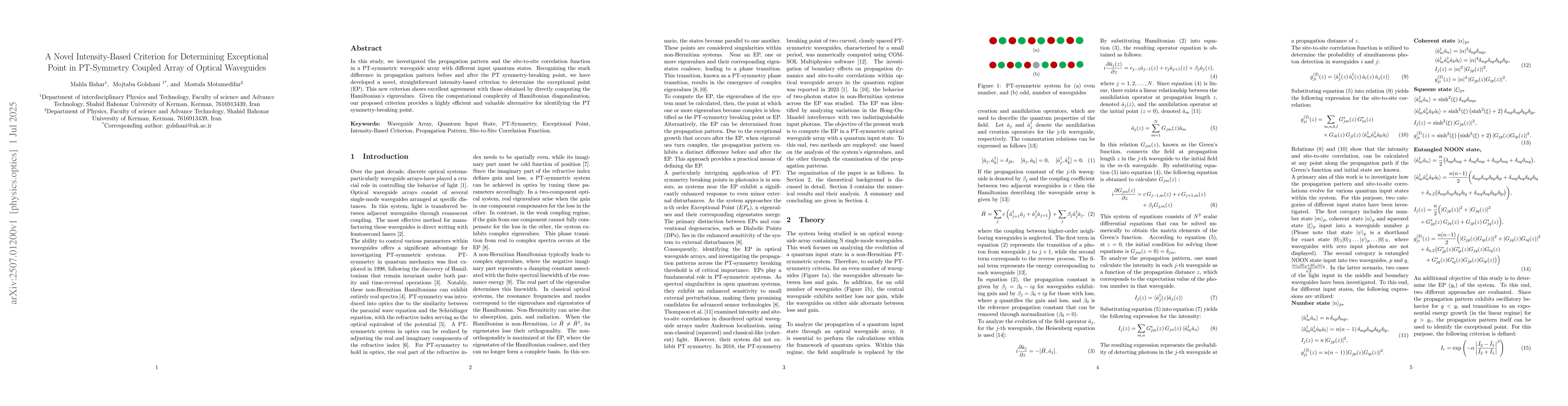 Thumbnail for A Novel Intensity-Based Criterion for Determining Exceptional Point in
  PT-Symmetry Coupled Array of Optical Waveguides